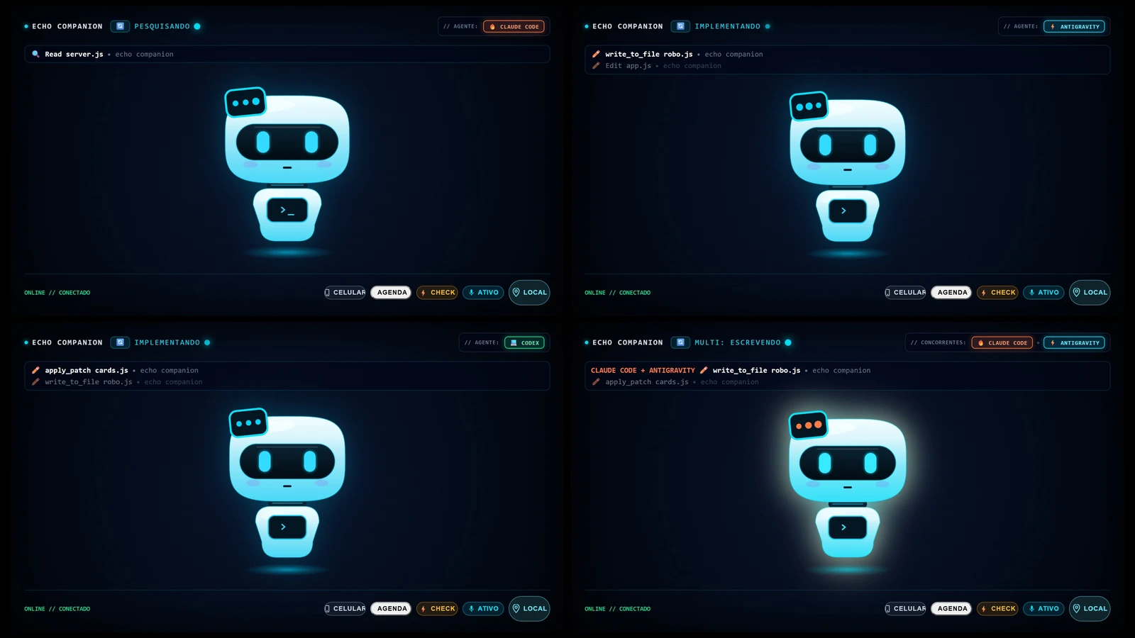 O Echo exibindo as cores de cada agente de IA: coral, ciano, verde e o modo dual neon