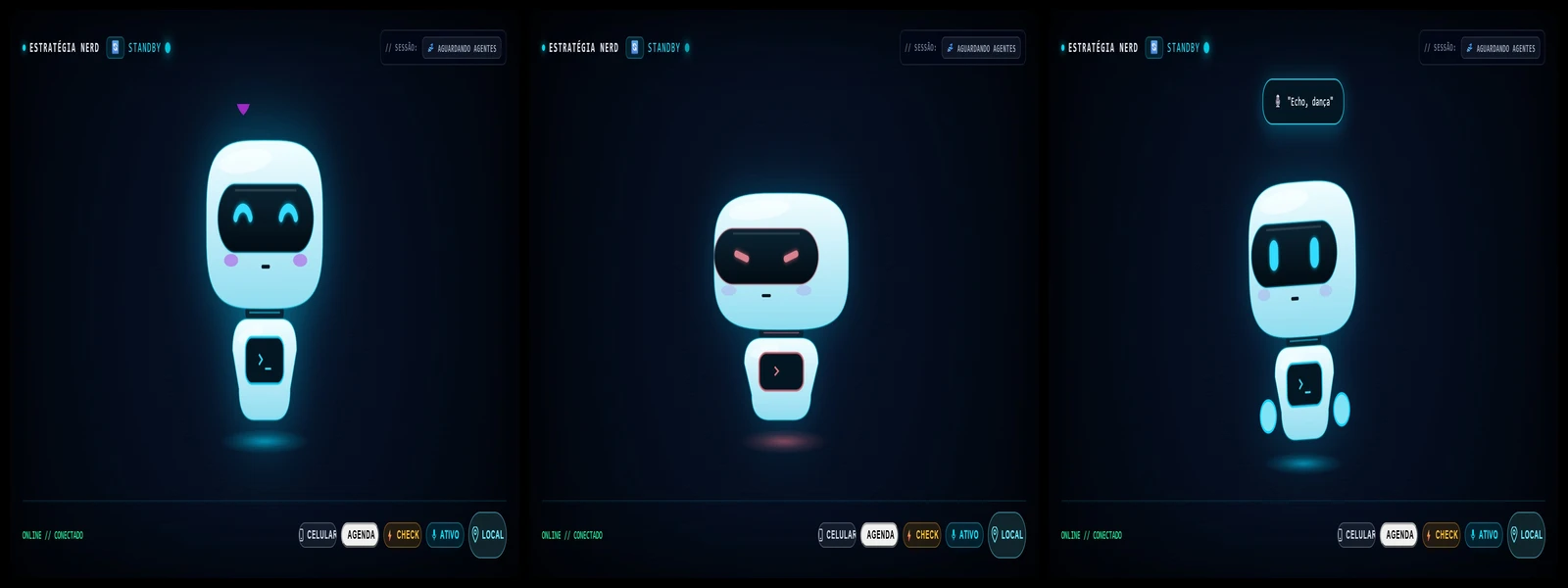 Expressões orgânicas do Echo: carinho na cabeça com corações, reação de irritação e dança