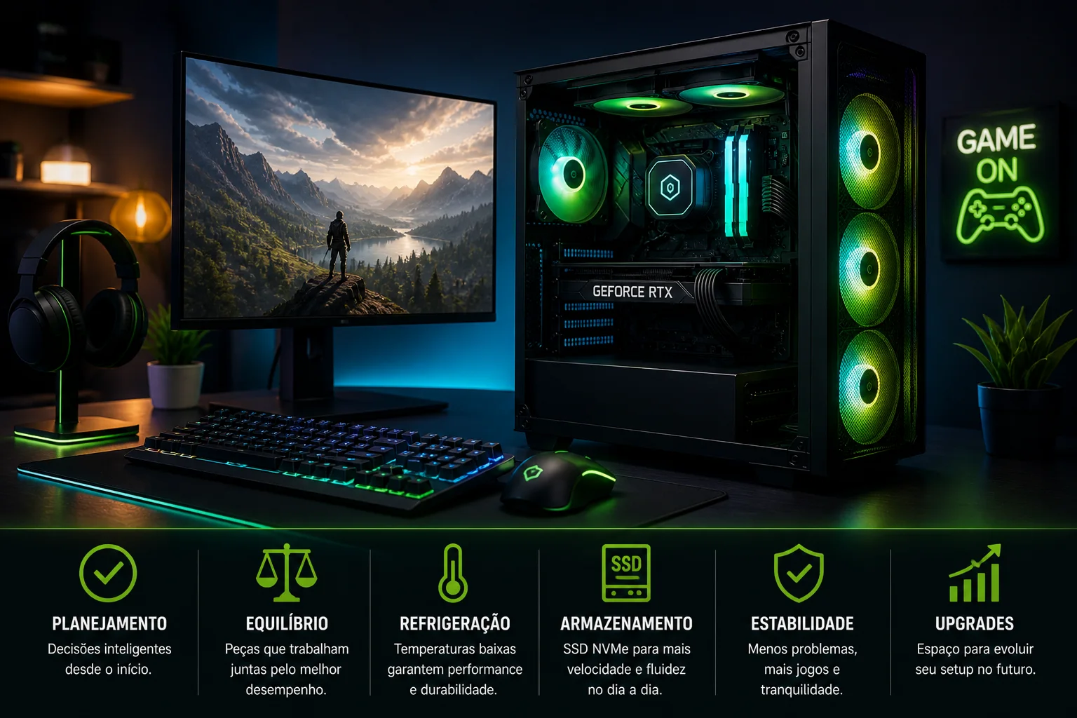 Setup gamer completo e equilibrado com iluminação moderna e alto desempenho