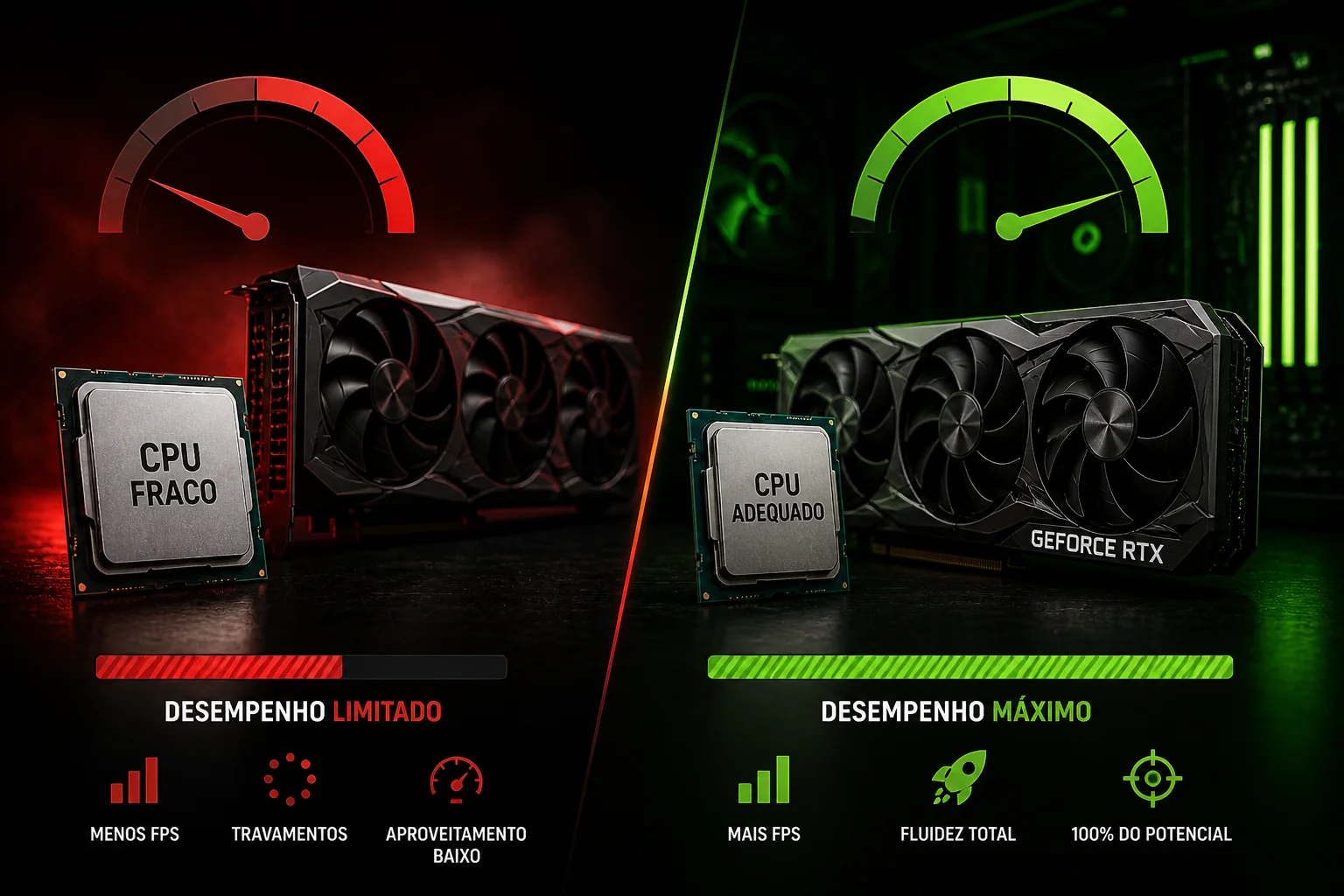 Comparação entre CPU fraco e CPU adequado mostrando gargalo em PC gamer