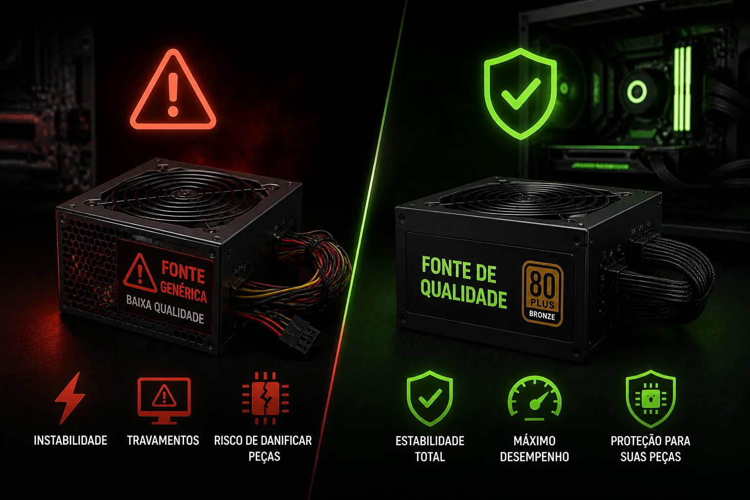 Comparação entre fonte genérica e fonte de qualidade em PC gamer
