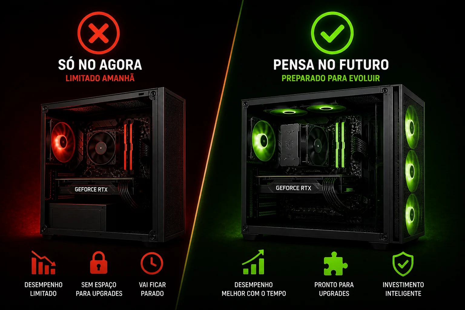 Comparação entre gabinete com refrigeração inadequada e airflow correto em PC gamer