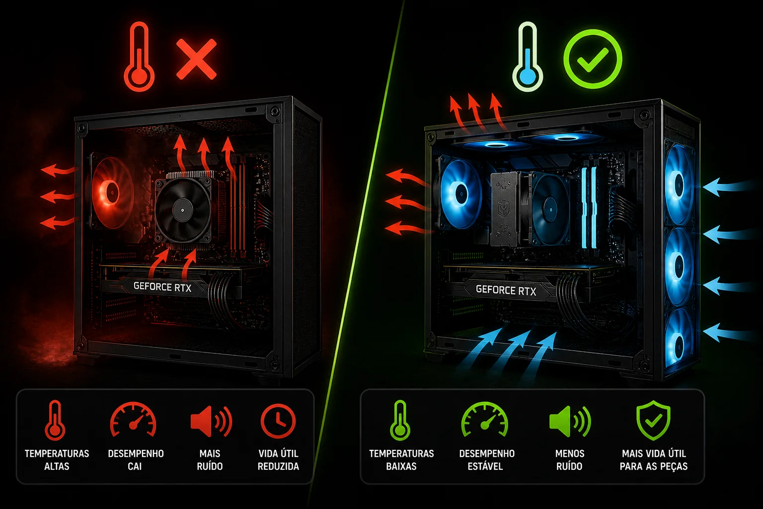 Comparação entre peças incompatíveis e compatíveis em montagem de PC gamer