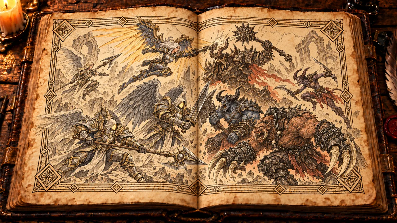 Gravura em livro antigo do combate entre anjos e demônios de Darksiders