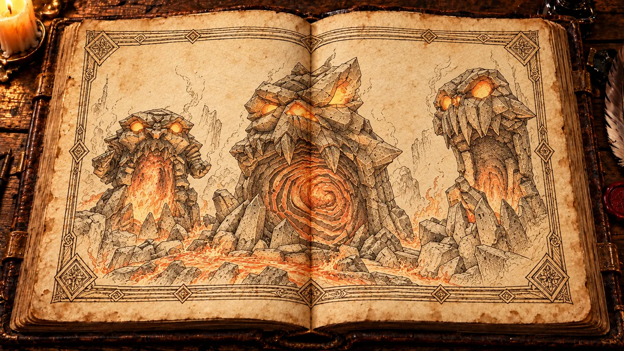 Gravura em livro antigo das três cabeças de pedra do Conselho de Darksiders