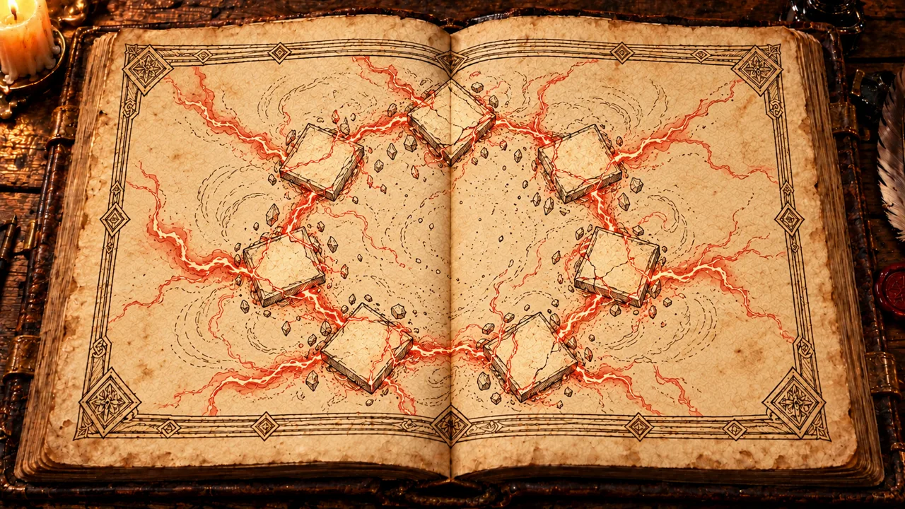 Gravura em livro antigo de sete selos quadrados dispostos em círculo, inspirada na cena de Darksiders Genesis
