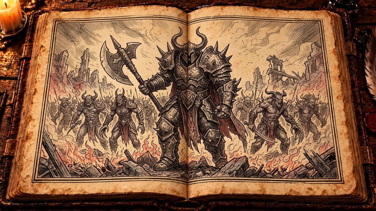 Absalom com seu elmo chifrado e machado de duas mãos liderando a legião dos Nephilim através de mundos em ruínas