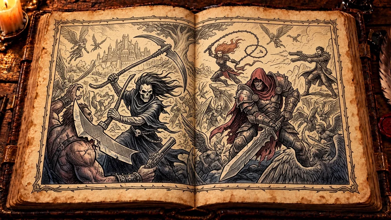 Os Quatro Cavaleiros em combate mortal contra a horda dos Nephilim nas planícies do Éden