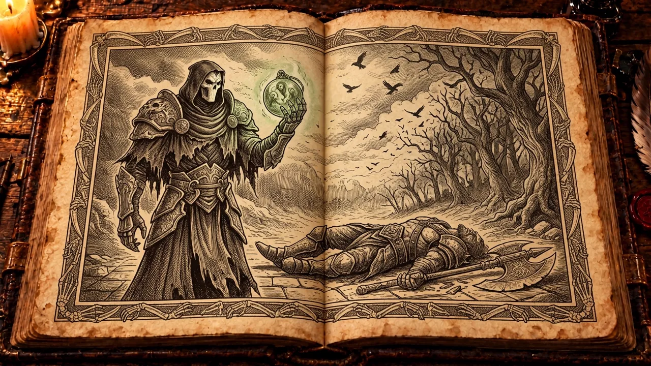 Morte diante da queda de Absalom no Éden, contemplando o amuleto reluzente onde selou as almas dos Nephilim