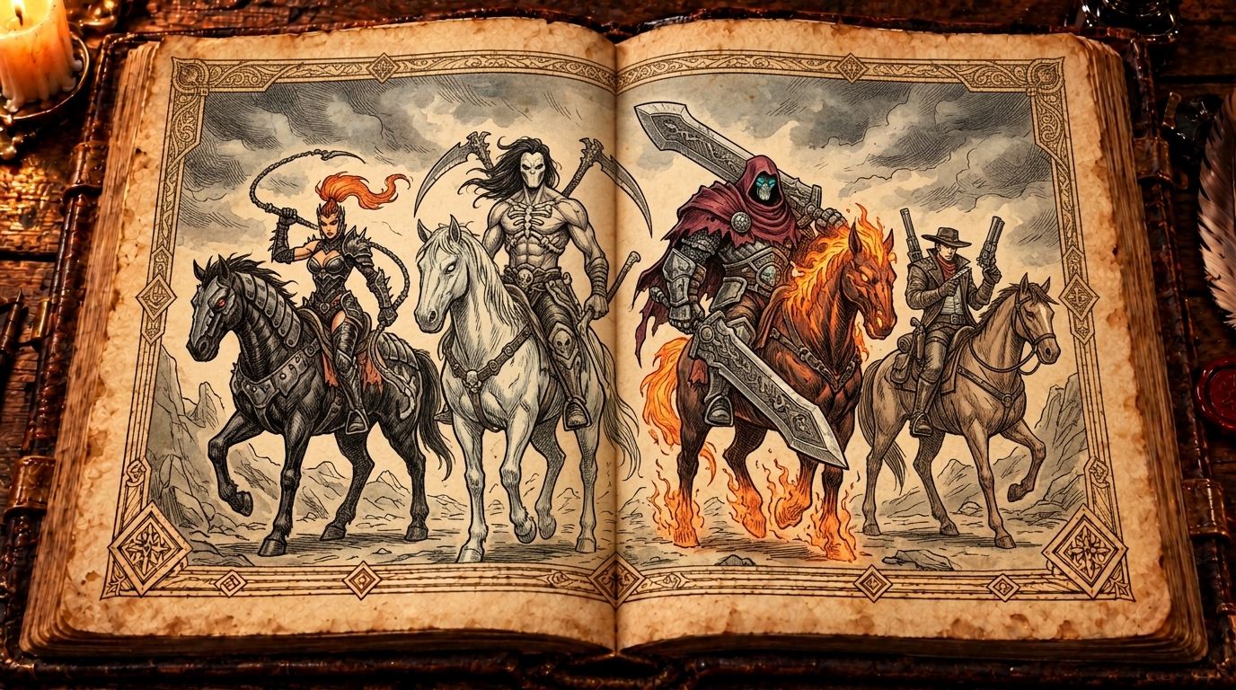 Os Quatro Cavaleiros de Darksiders reunidos com suas armas e montarias diante do Conselho